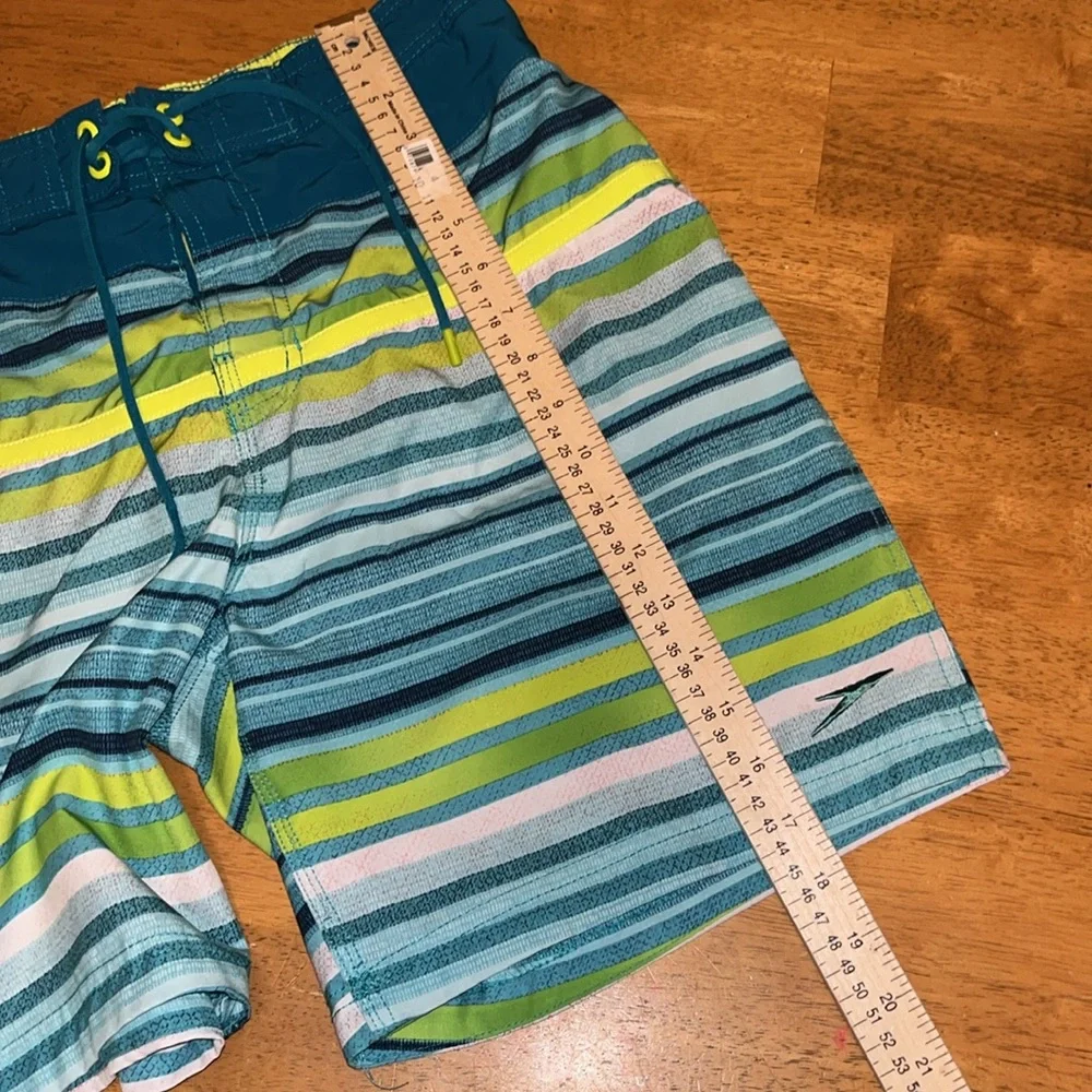 Speedo Mens Blue Green White Swim Short Size Medium with Liner and Elastic Waist